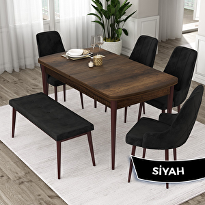Eta Serisi 80x132 Açılabilir Mdf Barok Ahşap Desen Masa Takımı 4 Siyah Sandalye Ve 1 Bench Siyah
