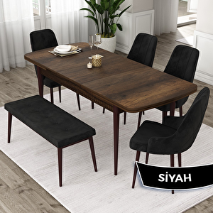 Eta Serisi 80x132 Açılabilir Mdf Barok Ahşap Desen Masa Takımı 4 Siyah Sandalye Ve 1 Bench Siyah
