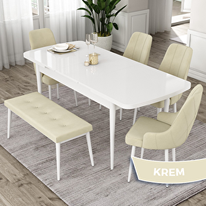 Eta Serisi 80x132 Açılabilir Mdf Beyaz Masa Takımı 4 Krem Sandalye Ve 1 Bench Krem