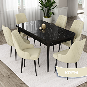 Eta Serisi 80x132 Açılabilir Mdf Siyah Mermer Desen Masa Takımı Ve 6 Krem Sandalye Krem