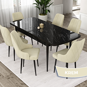 Eta Serisi 80x132 Açılabilir Mdf Siyah Mermer Desen Masa Takımı Ve 6 Krem Sandalye Krem