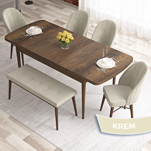 Elf Serisi 80x132 Açılabilir Barok Ahşap Desen Masa Takımı 4 Krem Sandalye Ve 1 Bench Krem