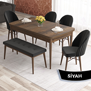 Elf Serisi 80x132 Açılabilir Barok Ahşap Desen Masa Takımı 4 Siyah Sandalye Ve 1 Bench Siyah