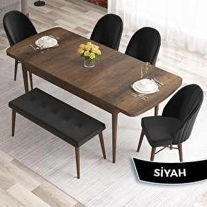 Elf Serisi 80x132 Açılabilir Barok Ahşap Desen Masa Takımı 4 Siyah Sandalye Ve 1 Bench Siyah