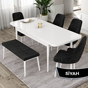 Eta Serisi 80x132 Açılabilir Mdf Beyaz Masa Takımı 4 Siyah Sandalye Ve 1 Bench Siyah