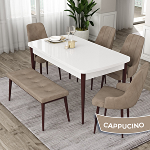 Eta Serisi 80x132 Açılabilir Mdf Beyaz Ceviz Ayak Masa Takımı 4 Cappucino Sandalye Ve 1 Bench Cappucino