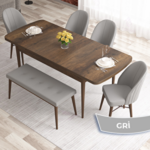 Elf Serisi 80x132 Açılabilir Barok Ahşap Desen Masa Takımı 4 Gri Sandalye Ve 1 Bench Gri