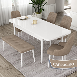 Eta Serisi 80x132 Açılabilir Mdf Beyaz Masa Takımı 4 Cappucino Sandalye Ve 1 Bench Cappucino