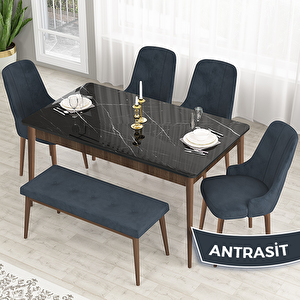 Lav Serisi 80x132 Siyah Mermer Desen Ceviz Ayak Masa Takımı 4 Antrasit Sandalye Ve 1 Bench Antrasit