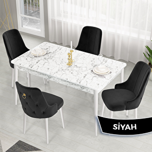 Lav Serisi 80x132 Beyaz Mermer Desen Masa Takımı Ve Gold Halkalı 4 Siyah Sandalye Siyah