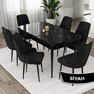 Eta Serisi 80x132 Açılabilir Mdf Siyah Mermer Desen Masa Takımı Ve 6 Siyah Sandalye Siyah