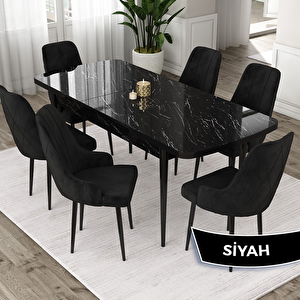Eta Serisi 80x132 Açılabilir Mdf Siyah Mermer Desen Masa Takımı Ve 6 Siyah Sandalye Siyah