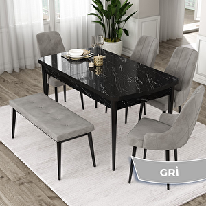 Eta Serisi 80x132 Açılabilir Mdf Siyah Mermer Desen Masa Takımı 4 Gri Sandalye Ve 1 Bench Gri