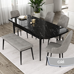 Eta Serisi 80x132 Açılabilir Mdf Siyah Mermer Desen Masa Takımı 4 Gri Sandalye Ve 1 Bench Gri