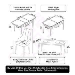 Eta Serisi 80x132 Açılabilir Mdf Siyah Mermer Desen Masa Takımı 4 Gri Sandalye Ve 1 Bench
