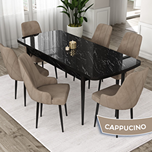 Eta Serisi 80x132 Açılabilir Mdf Siyah Mermer Desen Masa Takımı Ve 6 Cappucino Sandalye Cappucino