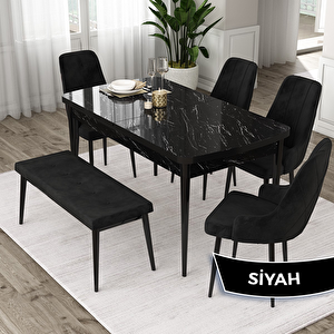 Eta Serisi 80x132 Açılabilir Mdf Siyah Mermer Desen Masa Takımı 4 Siyah Sandalye Ve 1 Bench Siyah