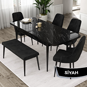 Eta Serisi 80x132 Açılabilir Mdf Siyah Mermer Desen Masa Takımı 4 Siyah Sandalye Ve 1 Bench Siyah