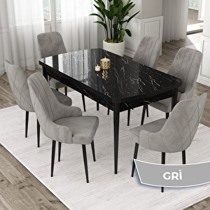 Eta Serisi 80x132 Açılabilir Mdf Siyah Mermer Desen Masa Takımı Ve 6 Gri Sandalye Gri