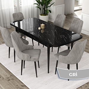 Eta Serisi 80x132 Açılabilir Mdf Siyah Mermer Desen Masa Takımı Ve 6 Gri Sandalye Gri