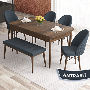 Elf Serisi 80x132 Açılabilir Barok Ahşap Desen Masa Takımı 4 Antrasit Sandalye Ve 1 Bench Antrasit
