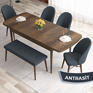 Elf Serisi 80x132 Açılabilir Barok Ahşap Desen Masa Takımı 4 Antrasit Sandalye Ve 1 Bench Antrasit