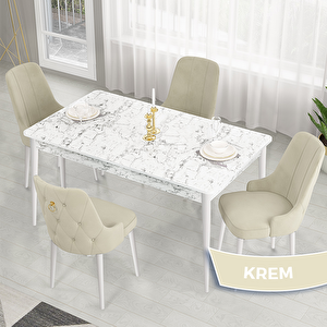 Lav Serisi 80x132 Beyaz Mermer Desen Masa Takımı Ve Gold Halkalı 4 Krem Sandalye Krem