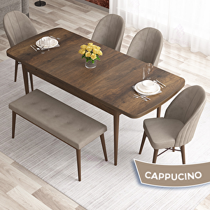Elf Serisi 80x132 Açılabilir Barok Ahşap Desen Masa Takımı 4 Cappucino Sandalye Ve 1 Bench Cappucino