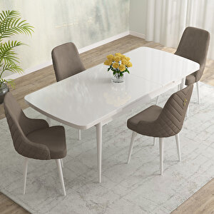 Eylül Beyaz 80x132 Mdf Açılabilir Mutfak Masası Takımı 4 Adet Sandalye Cappucino