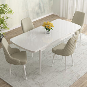 Eylül Beyaz 80x132 Mdf Açılabilir Mutfak Masası Takımı 4 Adet Sandalye Krem