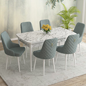 Eylül Beyaz Mermer Desen 80x132 Mdf Açılabilir Mutfak Masası Takımı 6 Adet Sandalye Su Yeşili