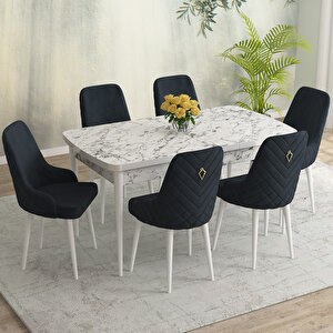 Eylül Beyaz Mermer Desen 80x132 Mdf Açılabilir Mutfak Masası Takımı 6 Adet Sandalye Antrasit