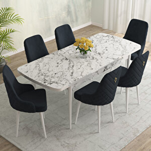 Eylül Beyaz Mermer Desen 80x132 Mdf Açılabilir Mutfak Masası Takımı 6 Adet Sandalye Antrasit