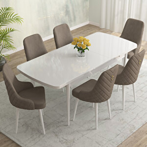 Eylül Beyaz 80x132 Mdf Açılabilir Mutfak Masası Takımı 6 Adet Sandalye Cappucino