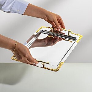 Nehir Lalezar Altın Paslanmaz Çelik Tepsi Çay Tepsisi - Servis Tepsisi