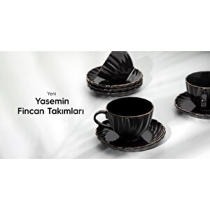 Nehir Porselen Yaldızlı Çay Fincanı Seti Takımı 6 Kişilik Siyah