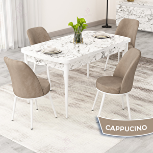 Rax Serisi 80x132 Açılabilir Beyaz Mermer Desen Mutfak Masası Takımı Ve 4 Cappucino Sandalye Cappucino