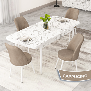 Rax Serisi 80x132 Açılabilir Beyaz Mermer Desen Mutfak Masası Takımı Ve 4 Cappucino Sandalye Cappucino