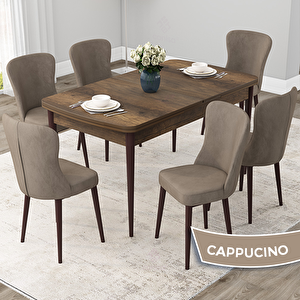 Due Serisi 80x132 Açılabilir Barok Ahşap Desen Mutfak Masası Takımı Ve 6 Cappucino Sandalye Cappucino