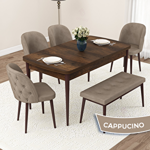 Jae Serisi 80x132 Açılabilir Barok Ahşap Desen Mutfak Masası Takımı Ve 4 Cappucino Sandalye Ve 1 Bench Cappucino