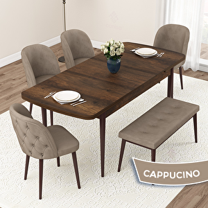 Jae Serisi 80x132 Açılabilir Barok Ahşap Desen Mutfak Masası Takımı Ve 4 Cappucino Sandalye Ve 1 Bench Cappucino