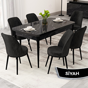 Rax Serisi 80x132 Açılabilir Siyah Mermer Desen Mutfak Masası Takımı Ve 6 Siyah Sandalye Siyah