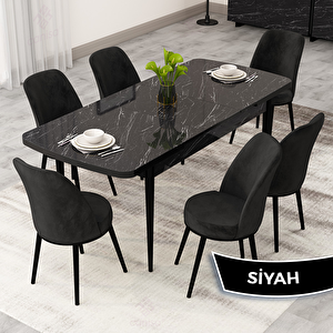 Rax Serisi 80x132 Açılabilir Siyah Mermer Desen Mutfak Masası Takımı Ve 6 Siyah Sandalye Siyah