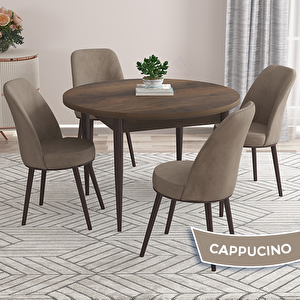 Kea Serisi Yuvarlak Barok Ahşap Desen Mutfak Masası Takımı Ve 4 Cappucino Sandalye Cappucino
