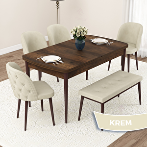 Jae Serisi 80x132 Açılabilir Barok Ahşap Desen Mutfak Masası Takımı Ve 4 Krem Sandalye Ve 1 Bench Krem