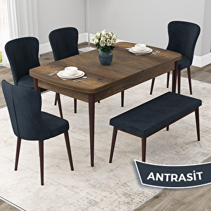 Due Serisi 80x132 Açılabilir Barok Ahşap Desen Mutfak Masası Takımı Ve 4 Antrasit Sandalye Ve 1 Bench Antrasit