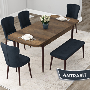 Due Serisi 80x132 Açılabilir Barok Ahşap Desen Mutfak Masası Takımı Ve 4 Antrasit Sandalye Ve 1 Bench Antrasit