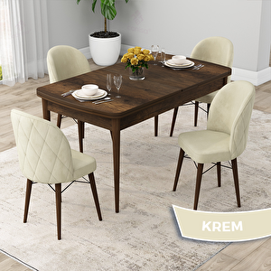 Rut Serisi 80x132 Açılabilir Barok Ahşap Desen Mutfak Masası Takımı Ve 4 Krem Sandalye