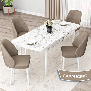 Orf Serisi 80x132 Açılabilir Beyaz Mermer Desen Mutfak Masası Takımı Ve 4 Cappucino Sandalye Cappucino