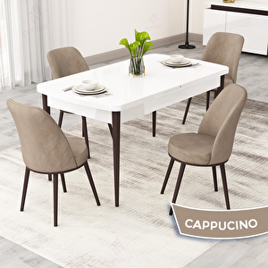 Rax Serisi 80x132 Açılabilir Beyaz Masa Ceviz Ayak Mutfak Masası Takımı Ve 4 Cappucino Sandalye Cappucino